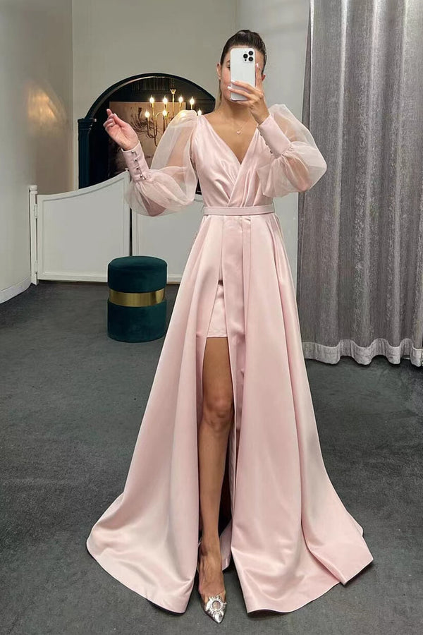 A-Line Long Puff Sleeves Slit Evening Dress-ballbellauk