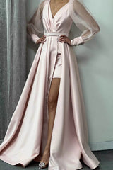 A-Line Long Puff Sleeves Slit Evening Dress-ballbellauk