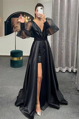 A-Line Long Puff Sleeves Slit Evening Dress-ballbellauk