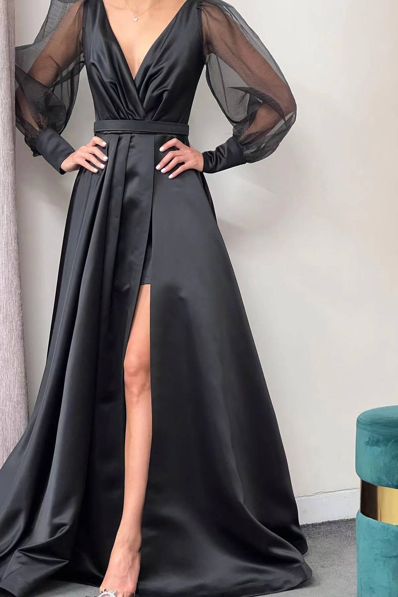 A-Line Long Puff Sleeves Slit Evening Dress-ballbellauk