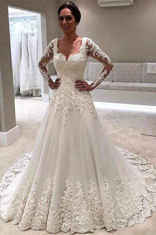 A-Line Long Sleeves Lace Appliques Wedding Dress UK-ballbellauk