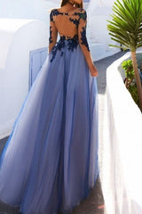 A-Line Scoop Long Sleeves Long With With Appliques Tulle Prom Dress-ballbellauk