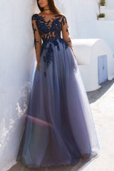 A-Line Scoop Long Sleeves Long With With Appliques Tulle Prom Dress-ballbellauk