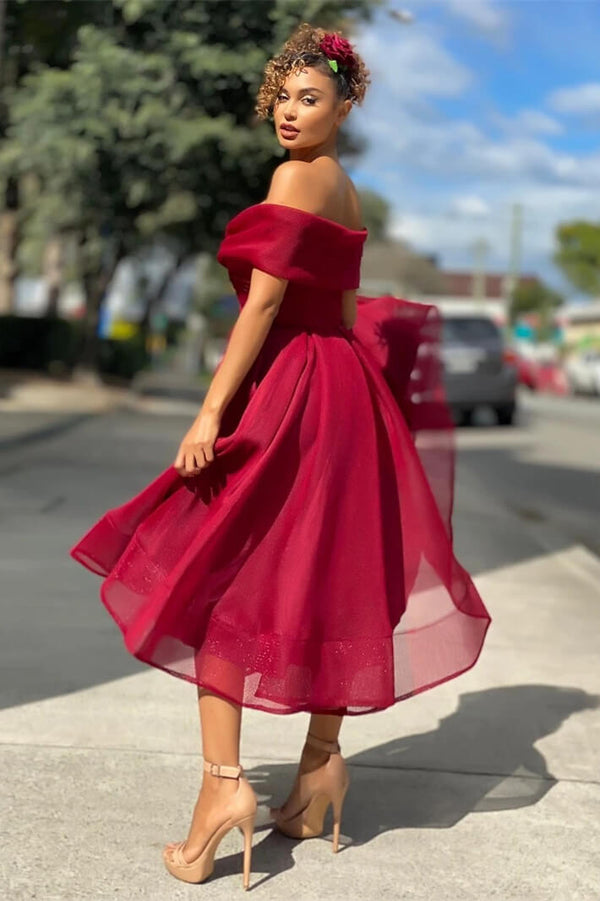 A Line Short Burgundy Off The Shoulder Evening Dress-ballbellauk