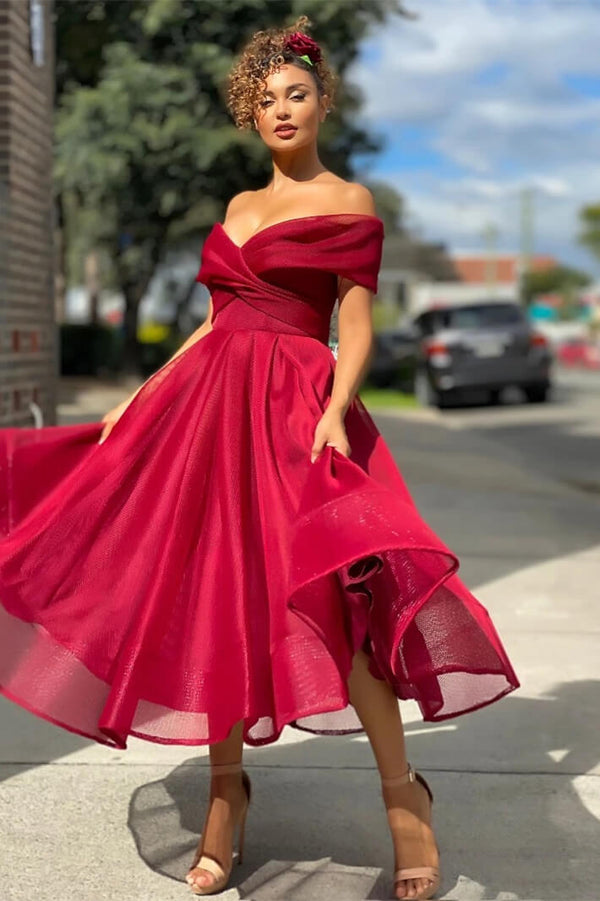 A Line Short Burgundy Off The Shoulder Evening Dress-ballbellauk