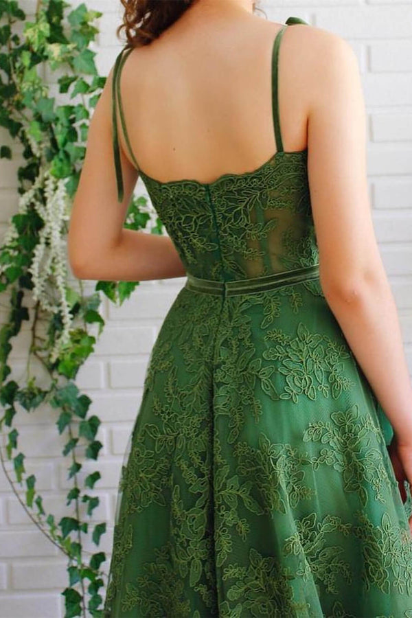 A-Line Strapless Emerald Green Spaghetti-Straps Evening Dress with Appliques-ballbellauk