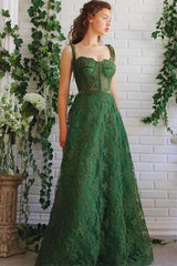 A-Line Strapless Emerald Green Spaghetti-Straps Evening Dress with Appliques-ballbellauk