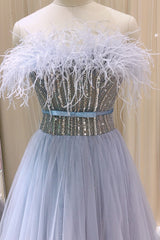 A Line Strapless Prom Dress UK with Tulle and Feathers Appliques - Amazing!-ballbellauk