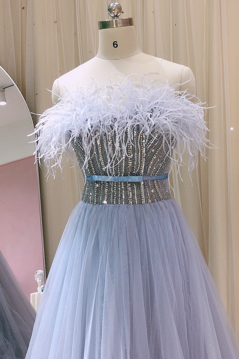 A Line Strapless Prom Dress UK with Tulle and Feathers Appliques - Amazing!-ballbellauk