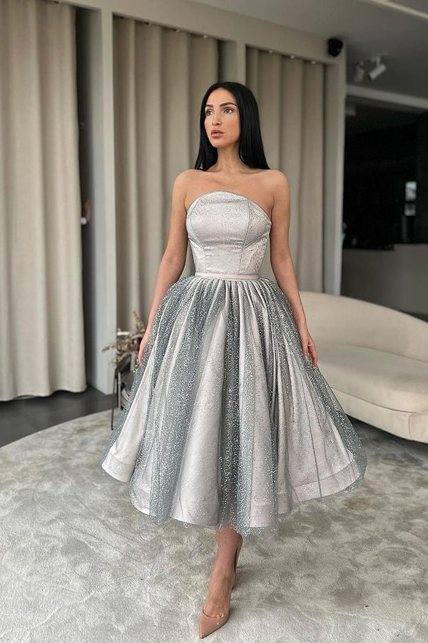 A-Line Strapless Silver Prom Dress UK with Sequins-ballbellauk