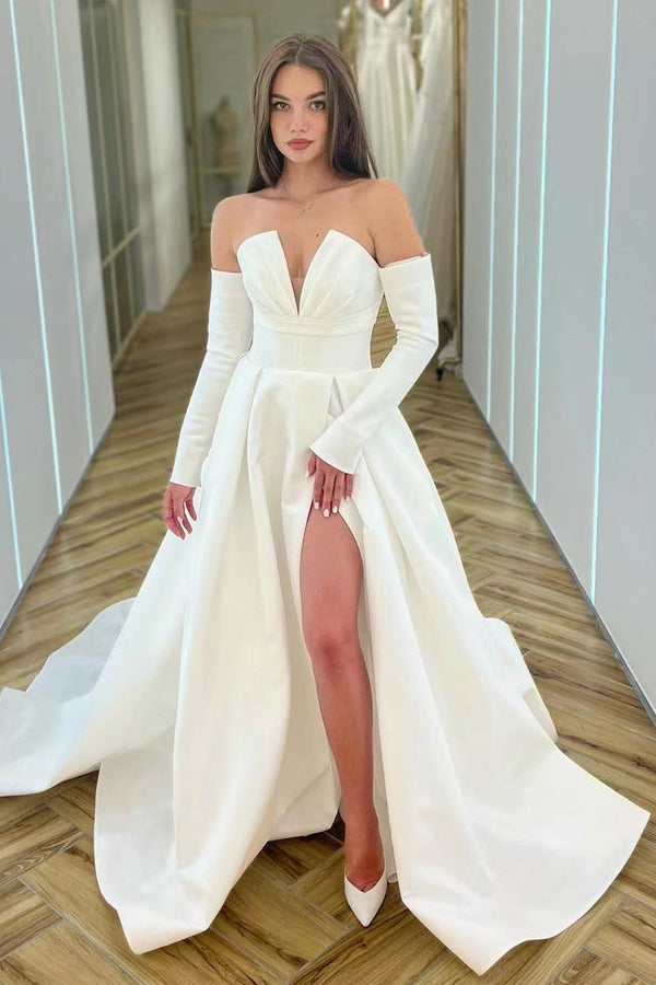 A-Line V-Neck Long Sleeved Prom Dress UK with Split - White-ballbellauk