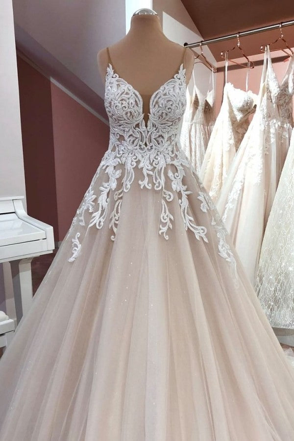 A-Line V-Neck Spaghetti Straps Tulle Wedding Dress UK With Appliques Lace-ballbellauk