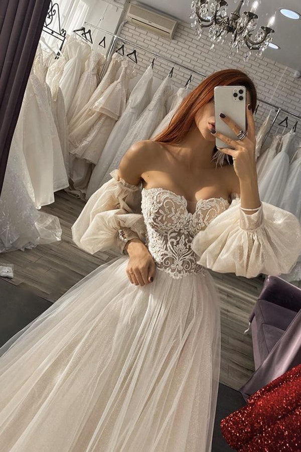 A-line Wedding Dress UK with Appliques and Off The Shoulder Long Sleeves-ballbellauk