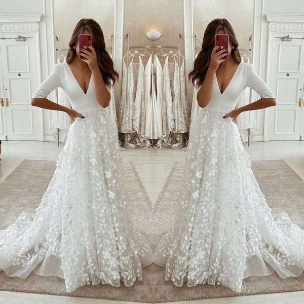 Amazing Appliques Long Wedding Dress On Sale Half Sleeve-ballbellauk