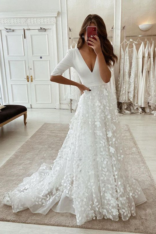 Amazing Appliques Long Wedding Dress On Sale Half Sleeve-ballbellauk