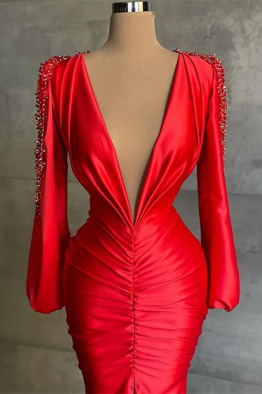 Amazing Deep V-Neck Red Long Sleeves Evening Dresses Mermaid-ballbellauk