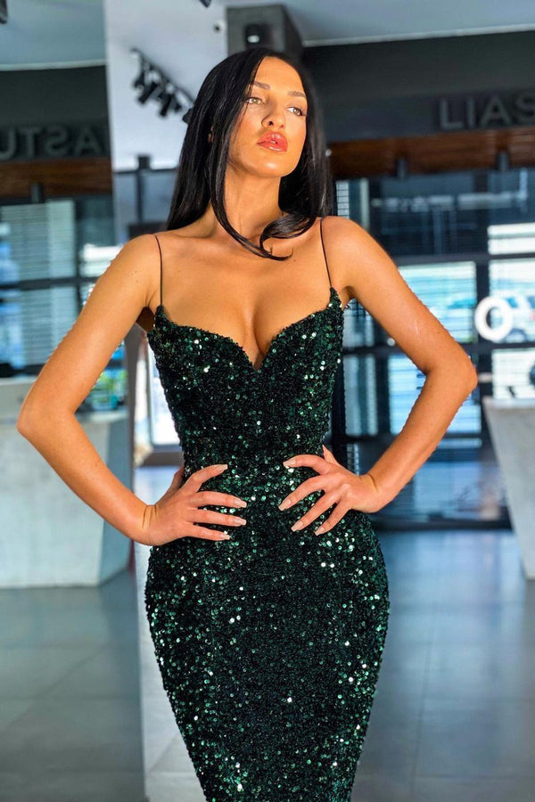 Amazing Green Sequins Prom Dress Mermaid Long Ball Dresses Spaghetti-Straps-ballbellauk