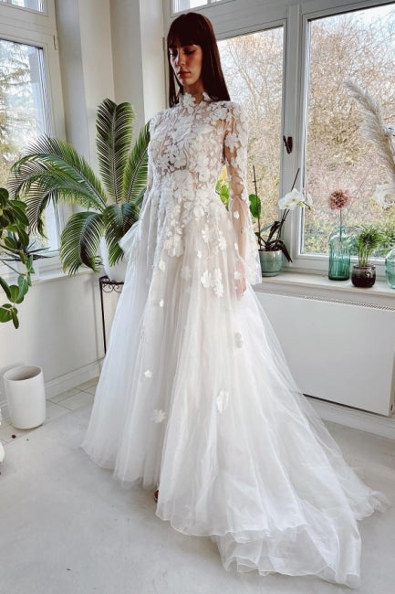 Amazing High Collar Long Sleeves A-Line Lace Wedding Dresses with Chapel Train-ballbellauk