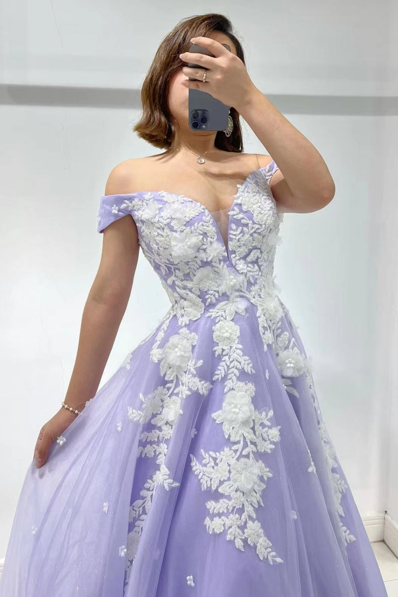 Amazing Lilac Sweetheart Off-The-Shoulder Tulle Evening Dress With Appliques-ballbellauk