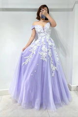 Amazing Lilac Sweetheart Off-The-Shoulder Tulle Evening Dress With Appliques-ballbellauk