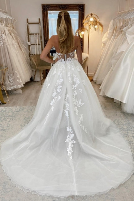 Amazing Long A-line Sleeveless Split Wedding Dresses With Lace-ballbellauk