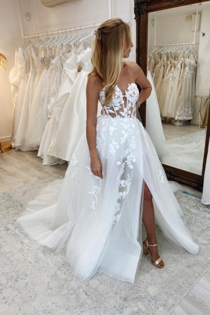 Amazing Long A-line Sleeveless Split Wedding Dresses With Lace-ballbellauk