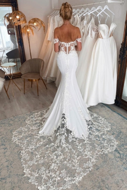 Amazing Long Mermaid Off-the-shoulder Wedding Dresses With Lace-ballbellauk