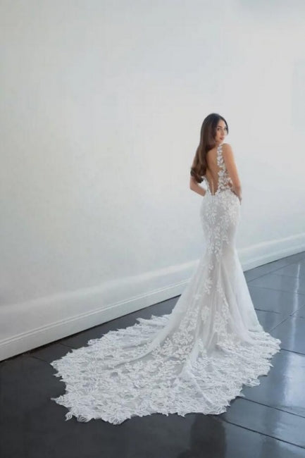 Amazing Long Mermaid V-neck Sleeveless Wedding Dresses With Lace-ballbellauk