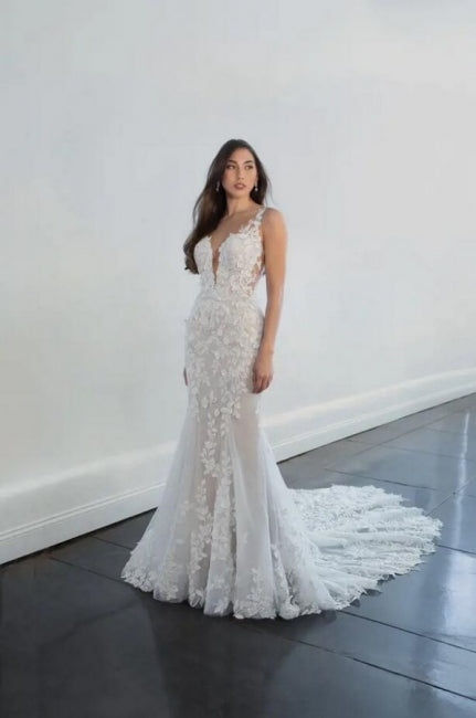 Amazing Long Mermaid V-neck Sleeveless Wedding Dresses With Lace-ballbellauk