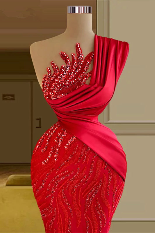 Amazing Long Red Mermaid One Shoulder Lace Sequined Sleeveless Prom Dress-ballbellauk