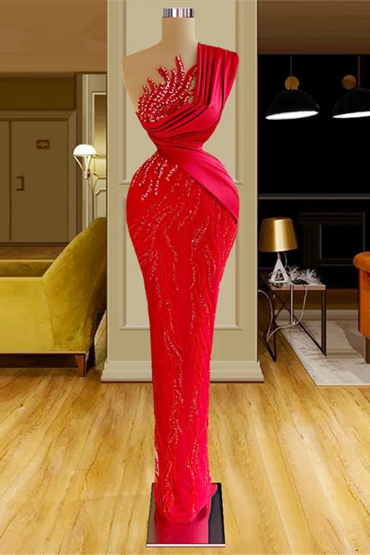 Amazing Long Red Mermaid One Shoulder Lace Sequined Sleeveless Prom Dress-ballbellauk