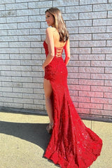 Amazing Long Red One Shoulder Evening Gown Glitter Lace Ball Dresses With Split Online-ballbellauk