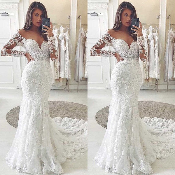 Amazing Long Sleeves Lace Wedding Dress Mermaid Bridal Gown Off-the-Shoulder-ballbellauk