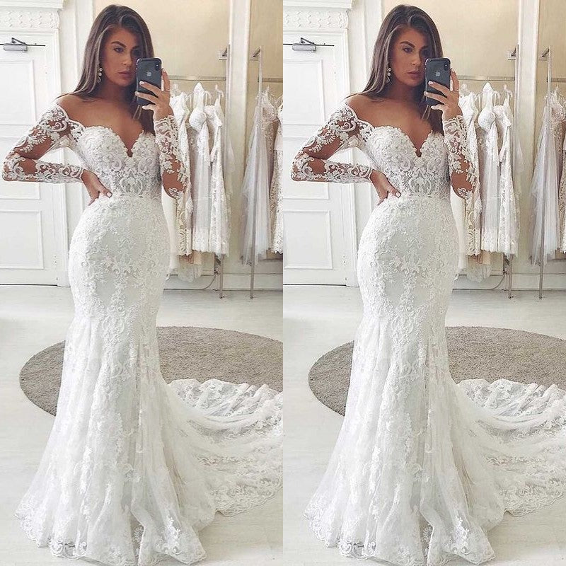 Amazing Long Sleeves Lace Wedding Dress Mermaid Bridal Gown Off-the-Shoulder-ballbellauk