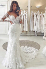 Amazing Long Sleeves Lace Wedding Dress Mermaid Bridal Gown Off-the-Shoulder-ballbellauk