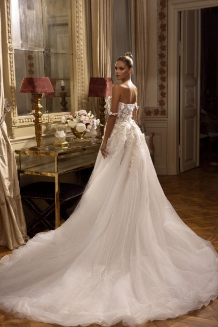 Amazing Long White Off-the-shoulder A-line Lace Wedding Dresses With Split Online-ballbellauk