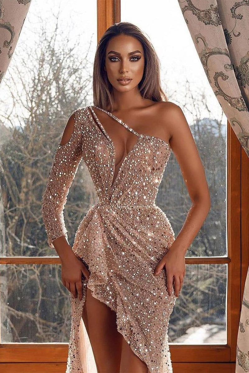 Amazing One Shoulder Mermaid Prom Dress UK with Sequins Slit and Beadings and Long Sleeves-ballbellauk