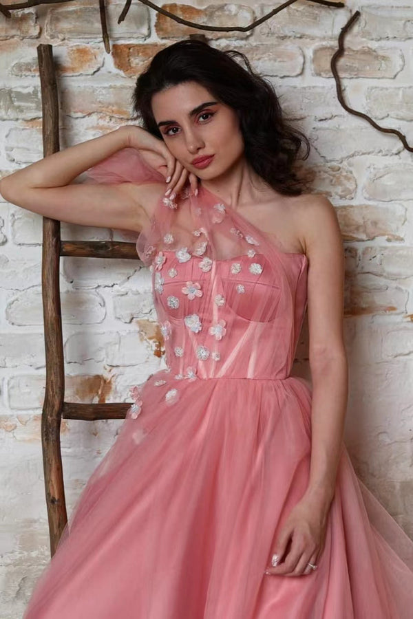 Amazing One-Shoulder Prom Dress UK with Tulle and Appliques-ballbellauk