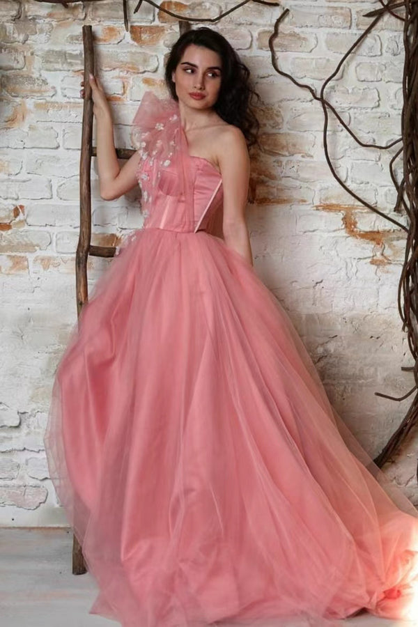 Amazing One-Shoulder Prom Dress UK with Tulle and Appliques-ballbellauk