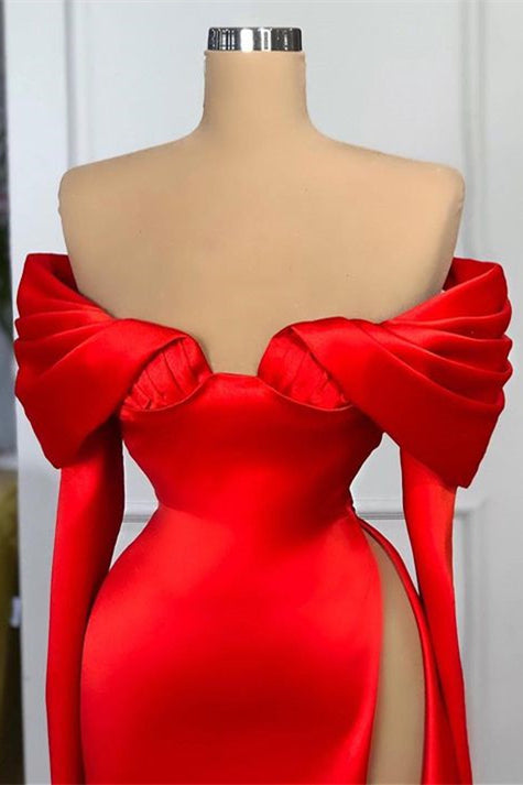 Amazing Red Long Sleeves Prom Dresses Mermaid Off-the-Shoulder With Slit-ballbellauk