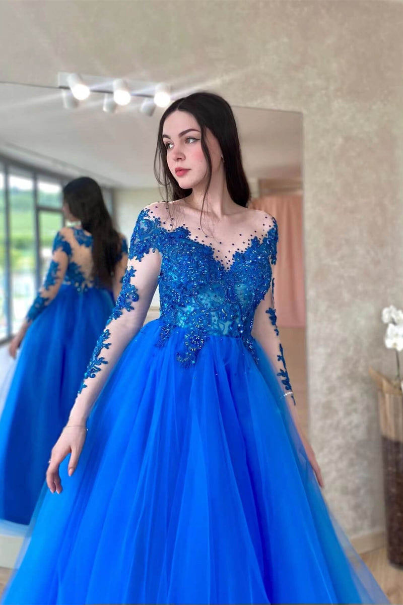 Amazing Royal Blue Long Sleeves Tulle Prom Dress UK with Appliques-ballbellauk