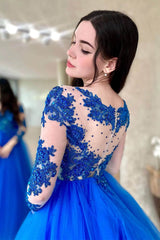 Amazing Royal Blue Long Sleeves Tulle Prom Dress UK with Appliques-ballbellauk