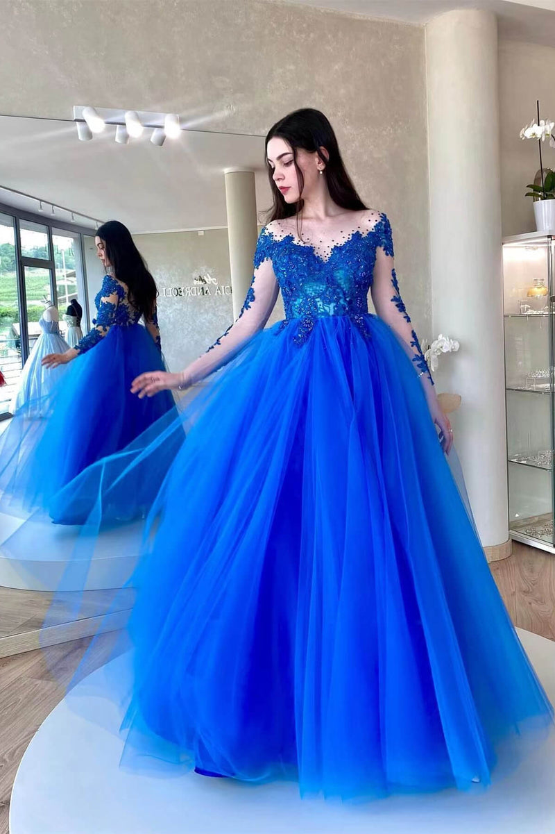 Amazing Royal Blue Long Sleeves Tulle Prom Dress UK with Appliques-ballbellauk