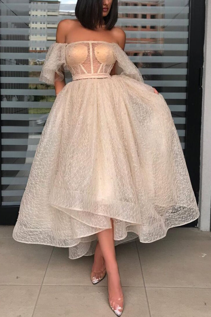 Amazing Sequins Lace Short Prom Dress Off-the-Shoulder-ballbellauk