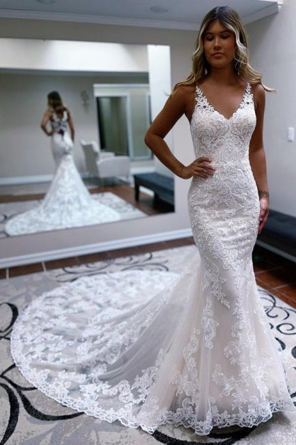 Amazing spaghettistraps sleeveless mermaid lace Wedding Dresses-ballbellauk