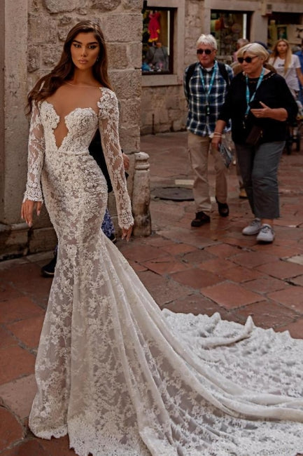 Amazing sweetheart longsleeves mermaid lace Wedding Dresses-ballbellauk