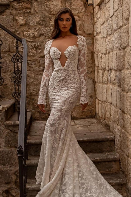 Amazing sweetheart longsleeves mermaid lace Wedding Dresses-ballbellauk