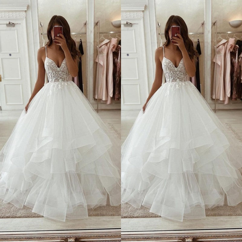 Amazing Tulle Ruffles Wedding Dress Lace Bridal Gowns Spaghetti-Straps-ballbellauk