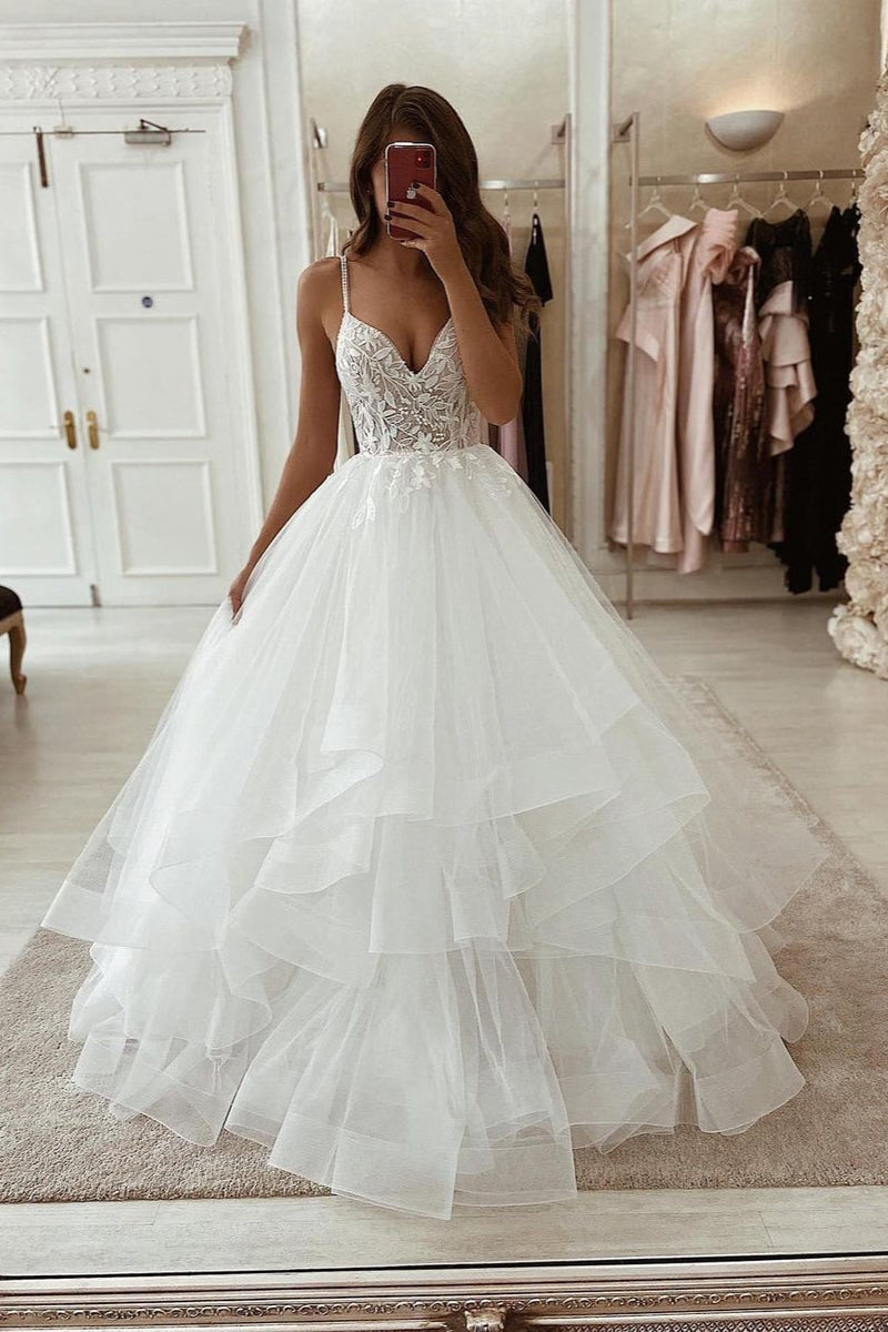 Amazing Tulle Ruffles Wedding Dress Lace Bridal Gowns Spaghetti-Straps-ballbellauk