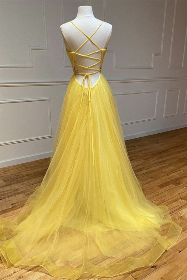 Amazing Yellow Spaghetti-Straps Prom Dress UK with String Back-ballbellauk